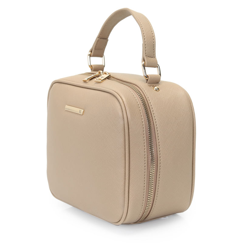 Vista lateral da bolsa WJ feminina bege mostrando o zíper duplo e detalhes metálicos dourados.